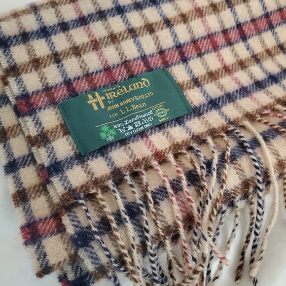 Vintage John Hanly for LL Bean 100% Lambswool Scarf Blue Plaid 68" x 12" Ireland - Picture 1 of 6
